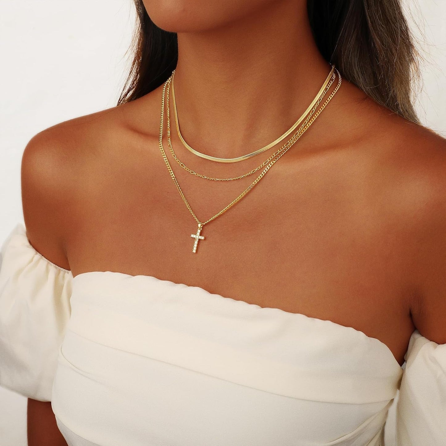 Layered Gold Cross Necklaces for Women, Stack Stackable Chunky 14K Gold Plated Cubic Zirconia Pendant Necklace Set Dainty Choker Layering Faith Jewelry Religious Gifts for Women - WORLD TIME VISITS