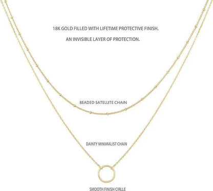 Layered Necklace Pendant Handcrafted 18K Gold Plated Delicate Circle Gold Necklace Layered Long Necklace Women - WORLD TIME VISITS