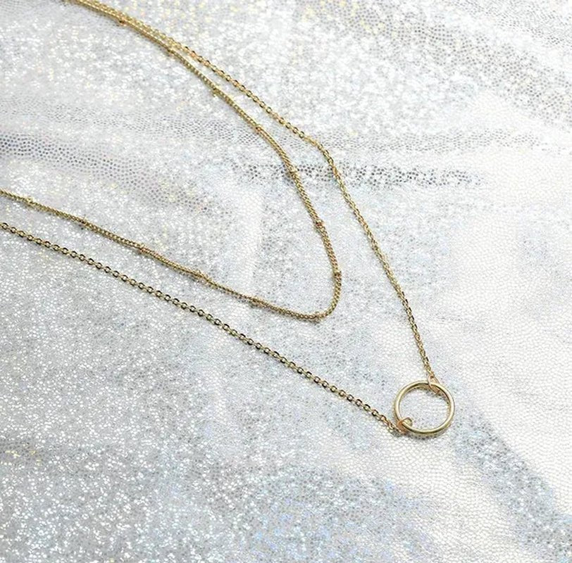 Layered Necklace Pendant Handcrafted 18K Gold Plated Delicate Circle Gold Necklace Layered Long Necklace Women