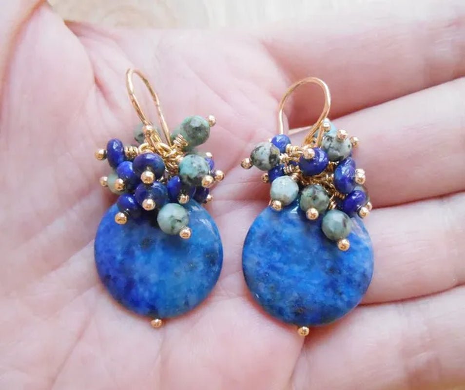 L'azur infini gemstone cluster earrings denim navy blue green dangle drop lapis lazuli coin African turquoise gold fill December birthstone - WORLD TIME VISITS