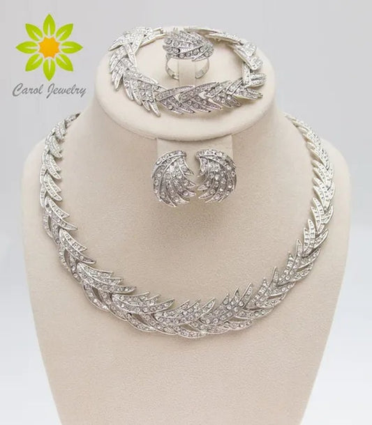 Leaves Shape Silver Plated Clear Crystal Jewelry Sets - WORLD TIME VISITS