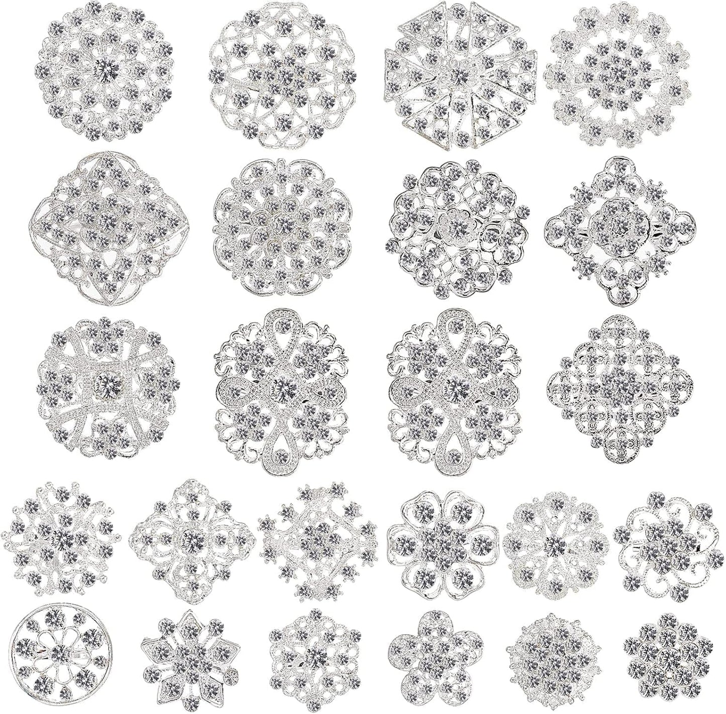 Lot 24 Pcs Crystal Brooches Pins, Silver Shining Clear Rhinestone Brooches Flower Jewelry Bridal Wedding Bouquet Kit Gift for Girls, Women, DIY Decoration - WORLD TIME VISITS