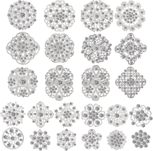 Lot 24 Pcs Crystal Brooches Pins, Silver Shining Clear Rhinestone Brooches Flower Jewelry Bridal Wedding Bouquet Kit Gift for Girls, Women, DIY Decoration - WORLD TIME VISITS