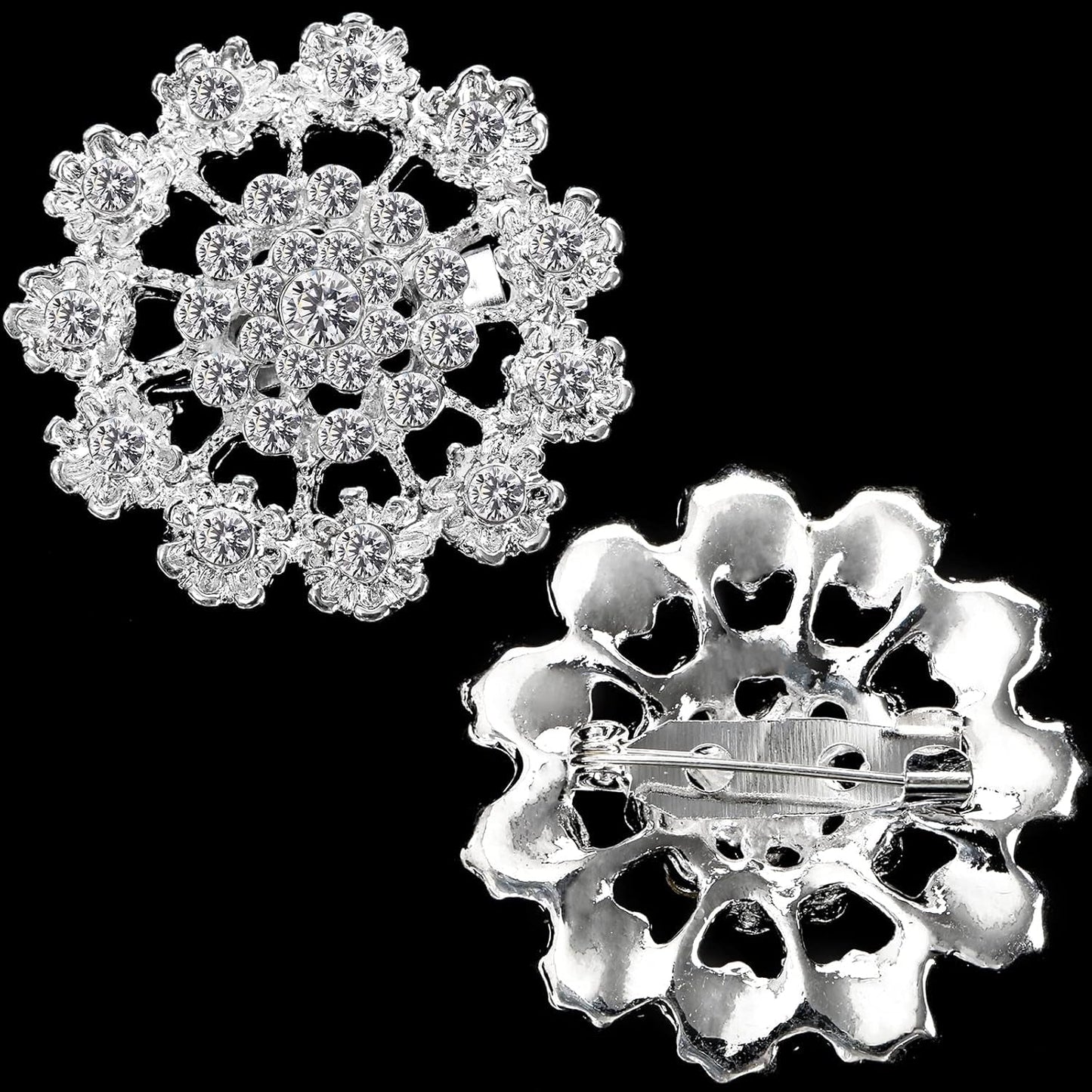 Lot 24 Pcs Crystal Brooches Pins, Silver Shining Clear Rhinestone Brooches Flower Jewelry Bridal Wedding Bouquet Kit Gift for Girls, Women, DIY Decoration