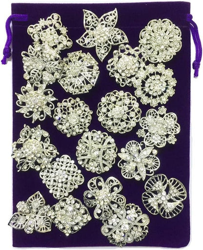 Lot 24Pc Shining Rhinestone Crystal Brooches Pins DIY Wedding Bouquet Kit