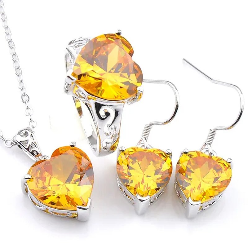 Luckyshine Heart Fire Royal Citrine Gems Silver Rings Earrings Pendants Necklace Jewelry Sets for Valentine's Day Gift - WORLD TIME VISITS