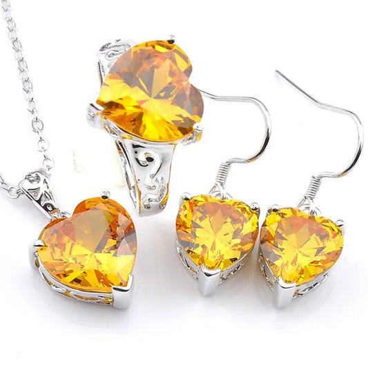 Luckyshine Heart Fire Royal Citrine Gems Silver Rings Earrings Pendants Necklace Jewelry Sets for Valentine's Day Gift - WORLD TIME VISITS