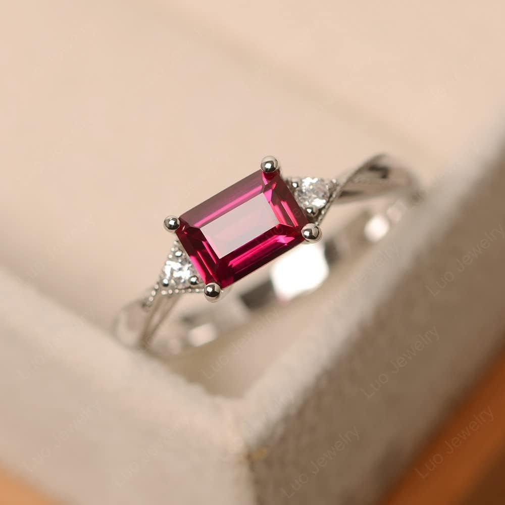 LUO 925 Sterling Silver Emerald Cut 7X5 MM Gemstone Ring East West Dainty Promise Ring for Women - WORLD TIME VISITS