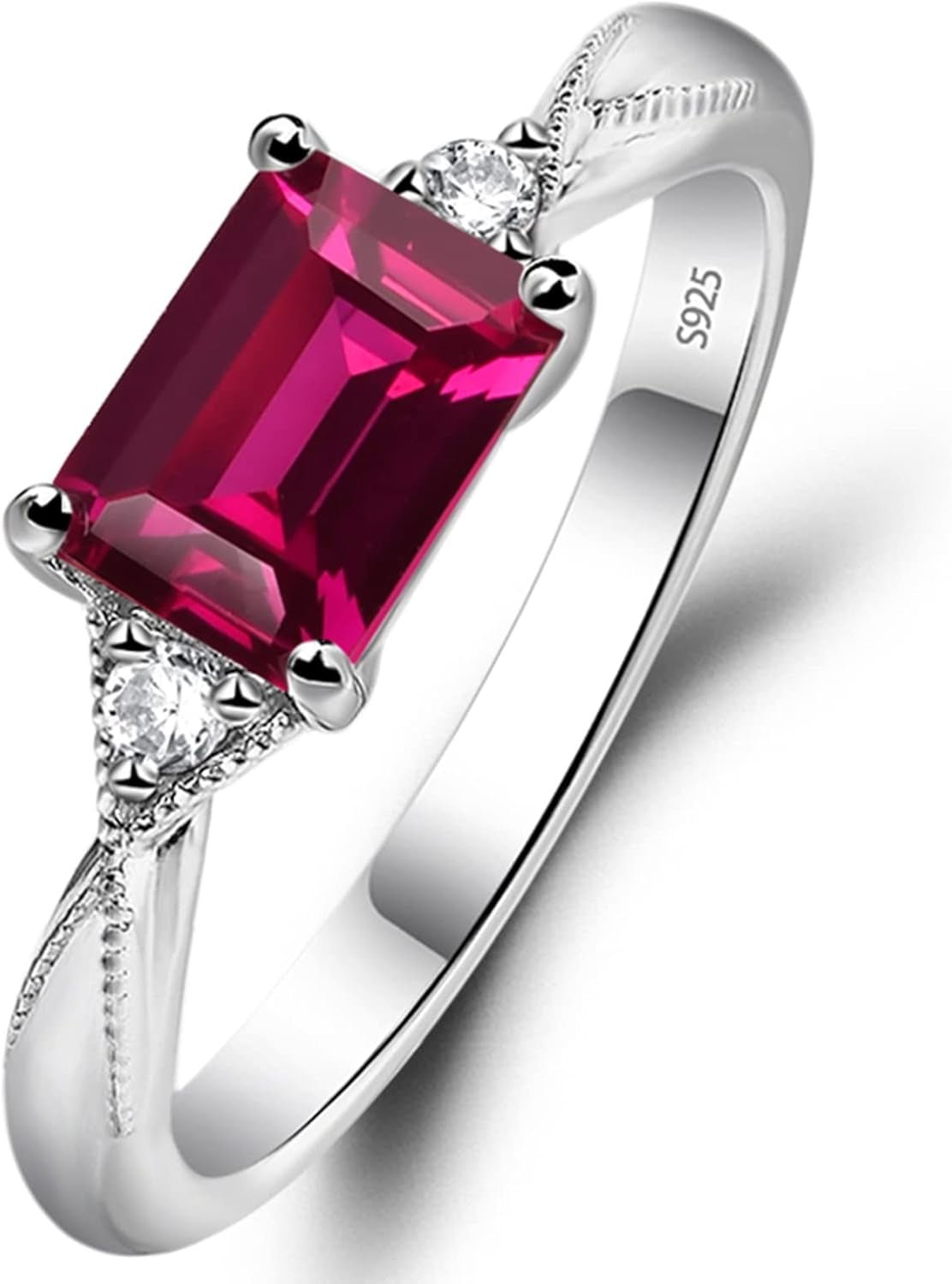 LUO 925 Sterling Silver Emerald Cut 7X5 MM Gemstone Ring East West Dainty Promise Ring for Women - WORLD TIME VISITS