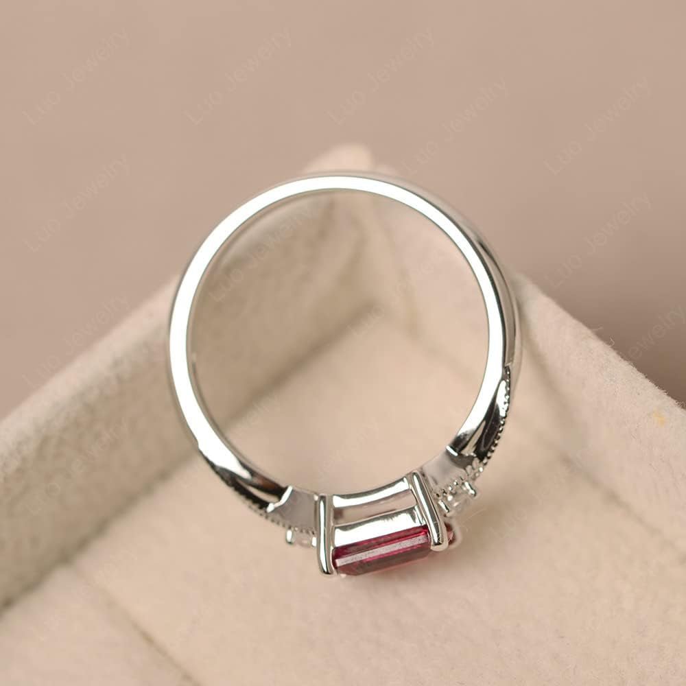 LUO 925 Sterling Silver Emerald Cut 7X5 MM Gemstone Ring East West Dainty Promise Ring for Women