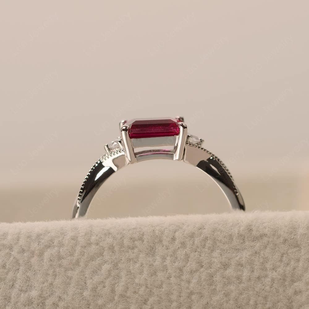 LUO 925 Sterling Silver Emerald Cut 7X5 MM Gemstone Ring East West Dainty Promise Ring for Women