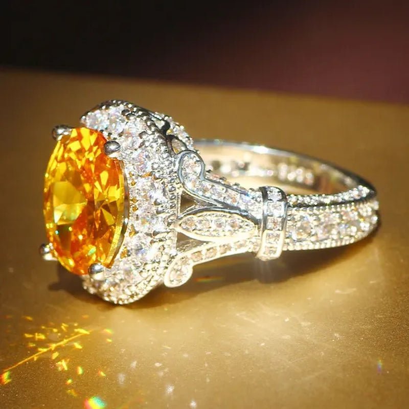 Luxurious Silver Natural Gemstones Yellow Diamond Topaz Wedding Birthstone Bride Flower Engagement Ellipse Ring Jewelry Size 678910 - WORLD TIME VISITS
