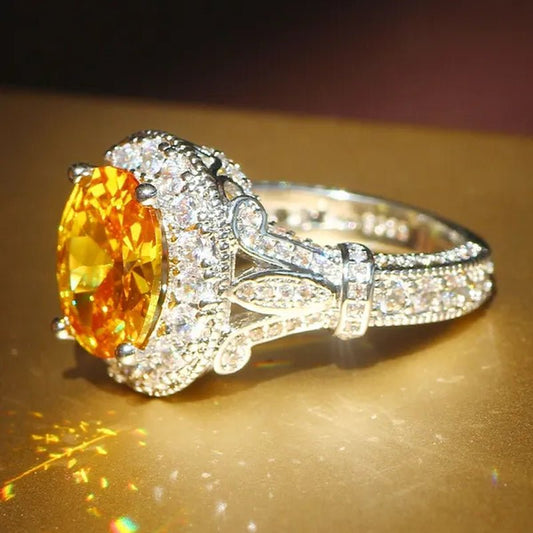 Luxurious Silver Natural Gemstones Yellow Diamond Topaz Wedding Birthstone Bride Flower Engagement Ellipse Ring Jewelry Size 678910 - WORLD TIME VISITS