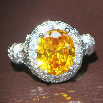 Luxurious Silver Natural Gemstones Yellow Diamond Topaz Wedding Birthstone Bride Flower Engagement Ellipse Ring Jewelry Size 678910 - WORLD TIME VISITS