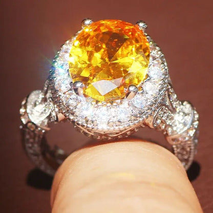 Luxurious Silver Natural Gemstones Yellow Diamond Topaz Wedding Birthstone Bride Flower Engagement Ellipse Ring Jewelry Size 678910