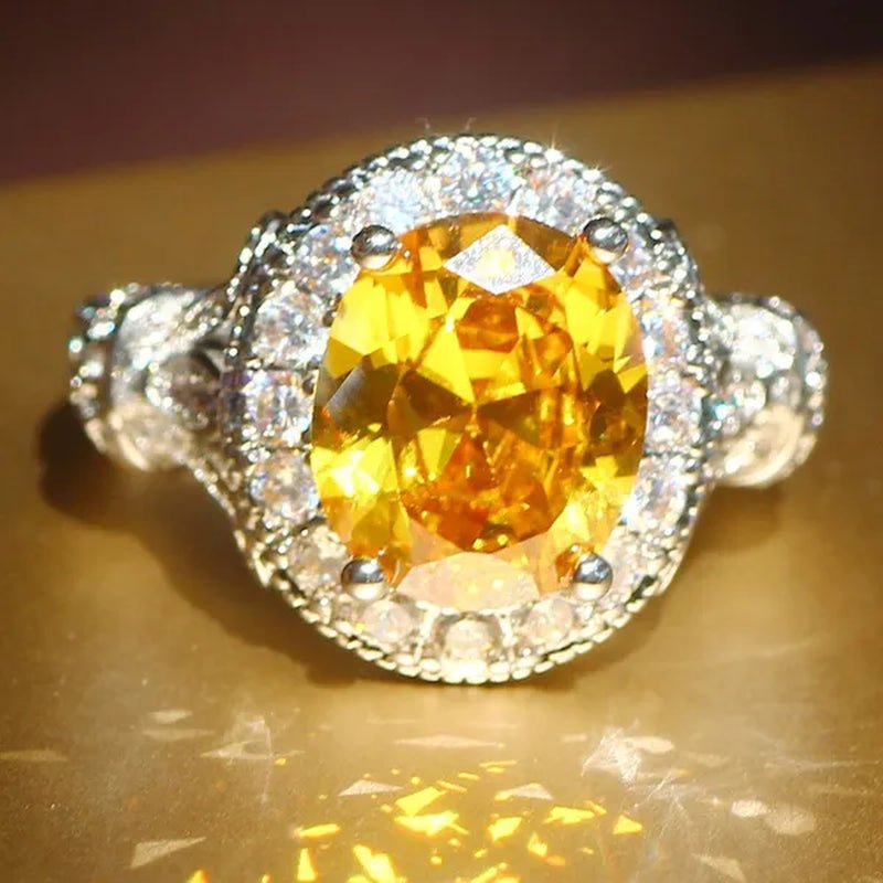 Luxurious Silver Natural Gemstones Yellow Diamond Topaz Wedding Birthstone Bride Flower Engagement Ellipse Ring Jewelry Size 678910