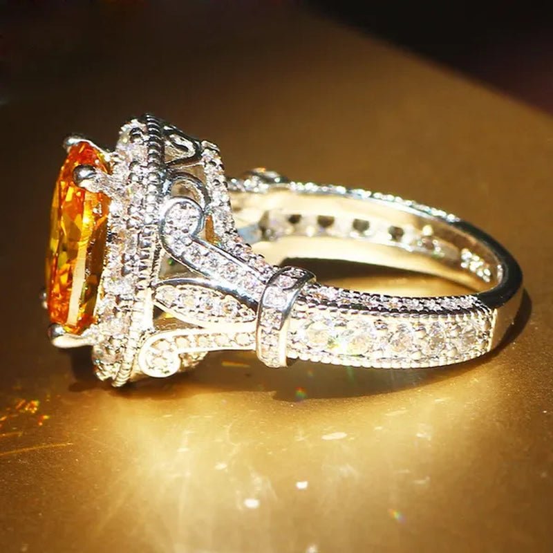 Luxurious Silver Natural Gemstones Yellow Diamond Topaz Wedding Birthstone Bride Flower Engagement Ellipse Ring Jewelry Size 678910