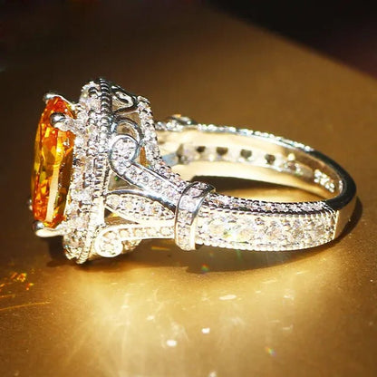 Luxurious Silver Natural Gemstones Yellow Diamond Topaz Wedding Birthstone Bride Flower Engagement Ellipse Ring Jewelry Size 678910