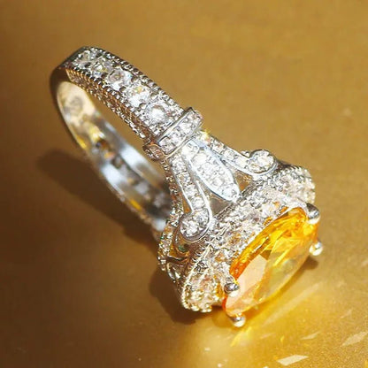 Luxurious Silver Natural Gemstones Yellow Diamond Topaz Wedding Birthstone Bride Flower Engagement Ellipse Ring Jewelry Size 678910