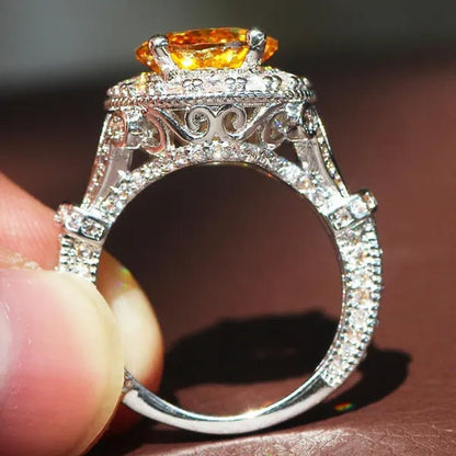 Luxurious Silver Natural Gemstones Yellow Diamond Topaz Wedding Birthstone Bride Flower Engagement Ellipse Ring Jewelry Size 678910