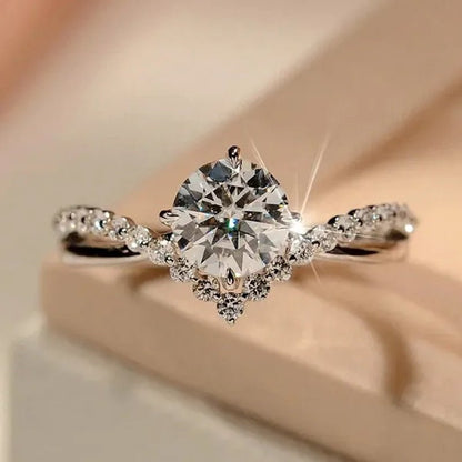 Luxury 925 Sterling Silver White Sapphire Ring Round Cut Moissanite Diamond Jewelry for Women Rings Beautiful Bride Proposal Engagement Wedding Accessories Party Anniversary Gift - WORLD TIME VISITS