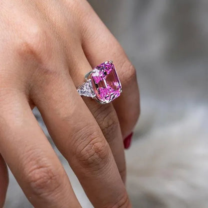 Luxury Silver Plated Created Pink White Sapphire Square Cut Diamond Wedding Engagement Cocktail Women Moissanite Rings Fine Jewelry