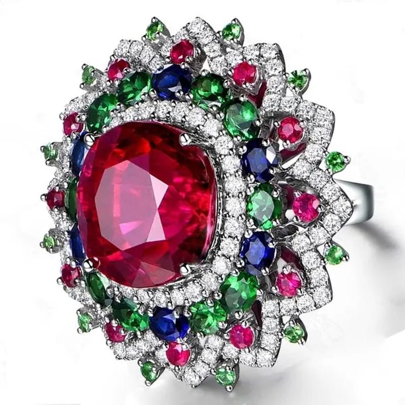 Luxury  Silver Ruby & Emerald & Sapphire & White Sapphire Natural stone Birthstone Gemstones Engagement Eyes Brand Flower Rings Wedding Anniversary Bride Women Ring Size 678910