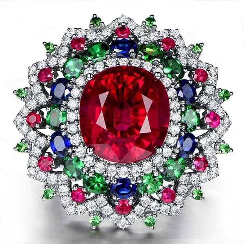 Luxury Silver Ruby & Emerald & Sapphire & White Sapphire Natural stone Birthstone Gemstones Engagement Eyes Brand Flower Rings Wedding Anniversary Bride Women Ring Size 678910 - WORLD TIME VISITS