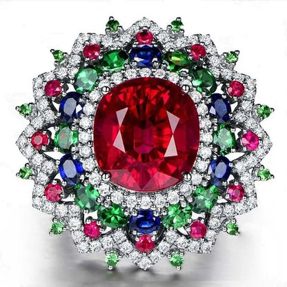 Luxury Silver Ruby & Emerald & Sapphire & White Sapphire Natural stone Birthstone Gemstones Engagement Eyes Brand Flower Rings Wedding Anniversary Bride Women Ring Size 678910 - WORLD TIME VISITS