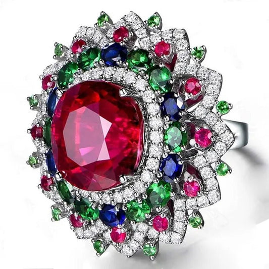 Luxury Silver Ruby & Emerald & Sapphire & White Sapphire Natural stone Birthstone Gemstones Engagement Eyes Brand Flower Rings Wedding Anniversary Bride Women Ring Size 678910 - WORLD TIME VISITS