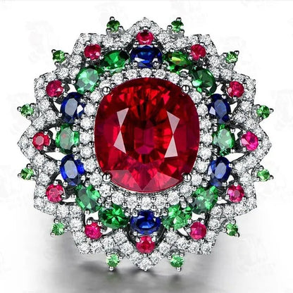 Luxury  Silver Ruby & Emerald & Sapphire & White Sapphire Natural stone Birthstone Gemstones Engagement Eyes Brand Flower Rings Wedding Anniversary Bride Women Ring Size 678910