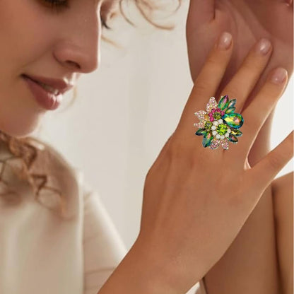 Luxury Women'S Austrian Crystal Leaves Flower Big Cocktail Statement Rings Stretch Adjustable Ring Jewelry Accessories