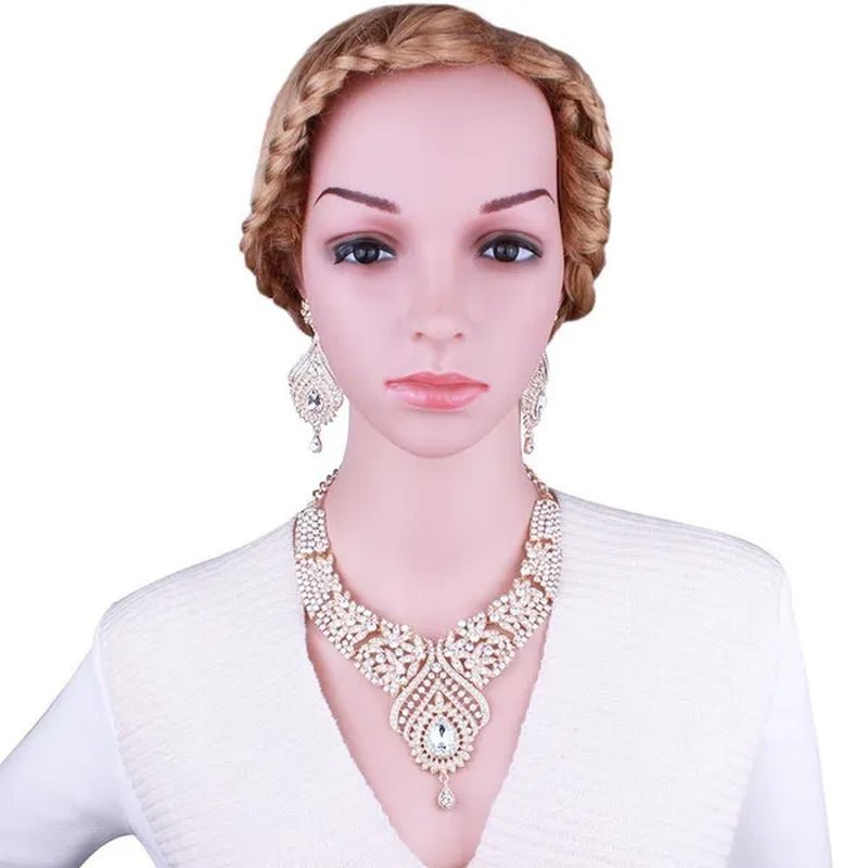 Luxury Women'S Elegant Austrian Crystal Statement Necklace Earrings Bridal Party Jewelry Set for Wedding Dress