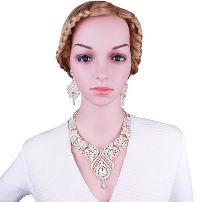 Luxury Women'S Elegant Austrian Crystal Statement Necklace Earrings Bridal Party Jewelry Set for Wedding Dress