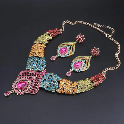 Luxury Women'S Elegant Austrian Crystal Statement Necklace Earrings Bridal Party Jewelry Set for Wedding Dress