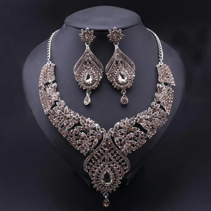 Luxury Women'S Elegant Austrian Crystal Statement Necklace Earrings Bridal Party Jewelry Set for Wedding Dress