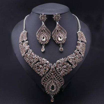 Luxury Women'S Elegant Austrian Crystal Statement Necklace Earrings Bridal Party Jewelry Set for Wedding Dress