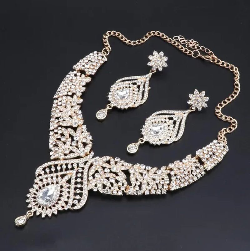 Luxury Women'S Elegant Austrian Crystal Statement Necklace Earrings Bridal Party Jewelry Set for Wedding Dress