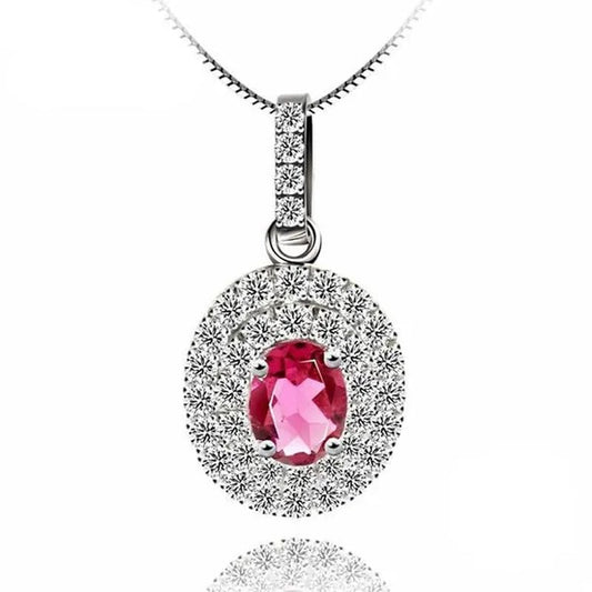 Majesty Diamonds MDS170143 0.37 CTW Oval Red Tourmaline Double Halo Solitaire with Accents Pendant Necklace in .925 Sterling Silver - WORLD TIME VISITS