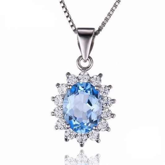 Majesty Diamonds MDS170166 2.9 CTW Oval Blue Topaz Halo Solitaire with Accents Pendant Necklace in .925 Sterling Silver - WORLD TIME VISITS