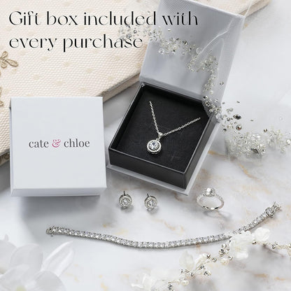 Mariah 18K White Gold round Cut CZ Halo Gemstone Pendant Necklace - Cubic Zirconia Halo Cluster Necklace W/Solitaire Rhinestone Crystal - Wedding Anniversary Jewelry