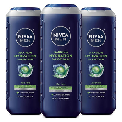 Maximum Hydration Body Wash for Dry Skin, Aloe Vera Enriched, 3 - In - 1 Moisturizing Body Wash, Face and Hair, Paraben Free, Vegan Formula, 16.9 Fl Oz Bottle, Pack of 3 - WORLD TIME VISITS