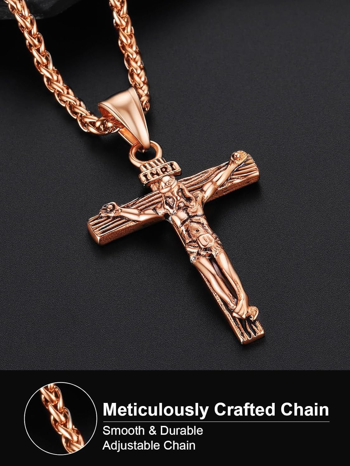 Men Crucifix Cross Pendant with Chain Baptism Christian Jewelry Stainless Steel/18K Gold Antique Jesus Necklace, Gift Packed,Length 22"