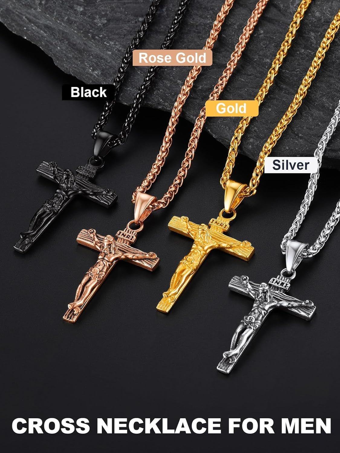 Men Crucifix Cross Pendant with Chain Baptism Christian Jewelry Stainless Steel/18K Gold Antique Jesus Necklace, Gift Packed,Length 22"