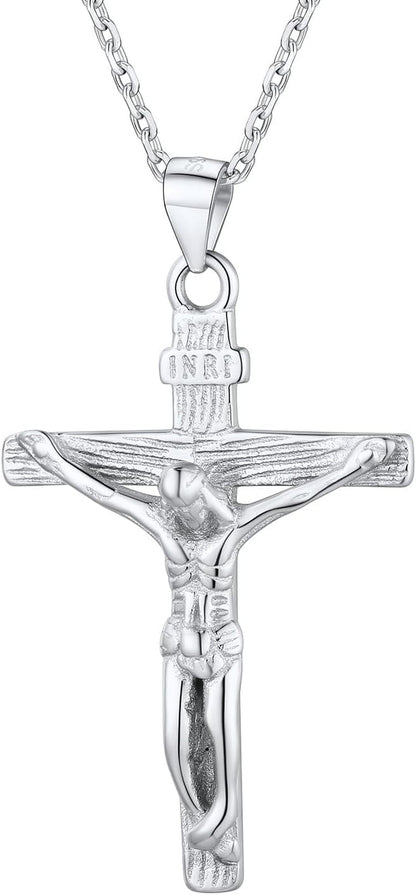 Men Crucifix Cross Pendant with Chain Baptism Christian Jewelry Stainless Steel/18K Gold Antique Jesus Necklace, Gift Packed,Length 22" - WORLD TIME VISITS