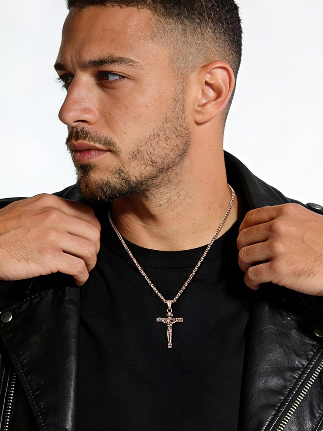 Men Crucifix Cross Pendant with Chain Baptism Christian Jewelry Stainless Steel/18K Gold Antique Jesus Necklace, Gift Packed,Length 22" - WORLD TIME VISITS