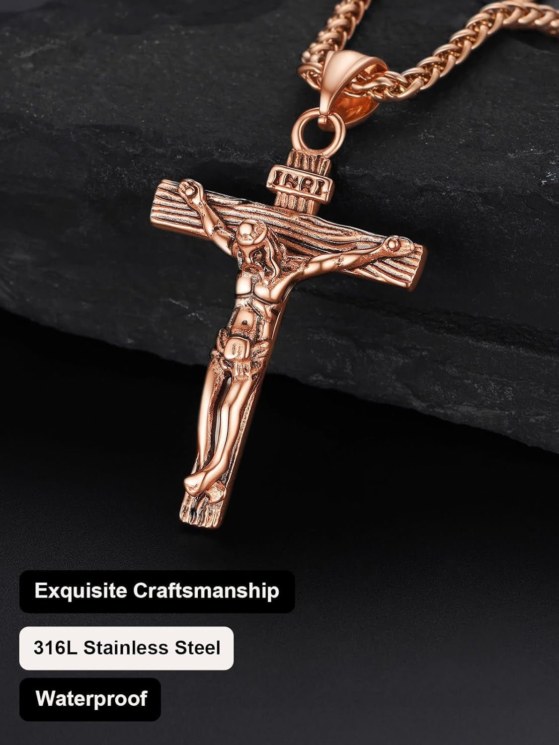 Men Crucifix Cross Pendant with Chain Baptism Christian Jewelry Stainless Steel/18K Gold Antique Jesus Necklace, Gift Packed,Length 22"
