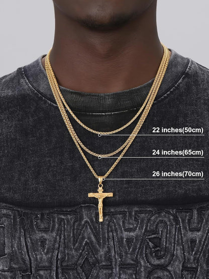 Men Crucifix Cross Pendant with Chain Baptism Christian Jewelry Stainless Steel/18K Gold Antique Jesus Necklace, Gift Packed,Length 22" - WORLD TIME VISITS