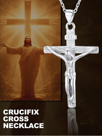 Men Crucifix Cross Pendant with Chain Baptism Christian Jewelry Stainless Steel/18K Gold Antique Jesus Necklace, Gift Packed,Length 22"