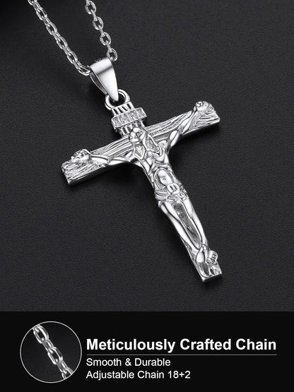 Men Crucifix Cross Pendant with Chain Baptism Christian Jewelry Stainless Steel/18K Gold Antique Jesus Necklace, Gift Packed,Length 22"